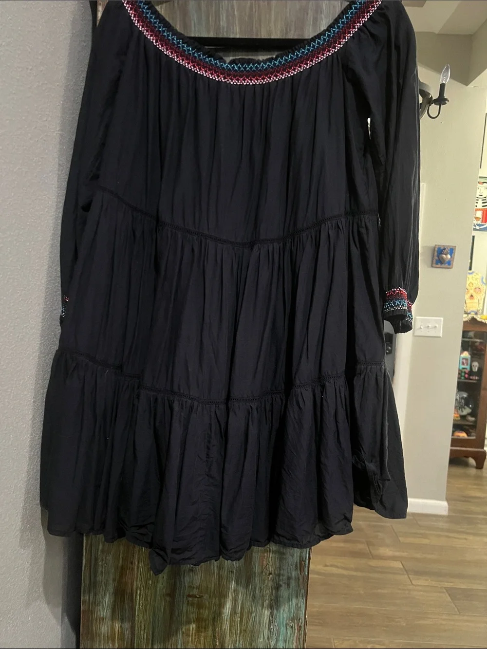 Free People Black Strapless Boho Dress with Pink & Red Floral Embroidery